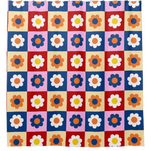 Retro Cute colorful Flowers Pattern  シャワーカーテン (正面)