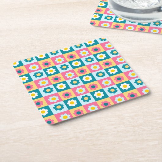Retro Cute colorful Pastel Flowers Pattern  スクエアペーパーコースター (アングル)
