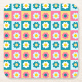 Retro Cute colorful Pastel Flowers Pattern  スクエアペーパーコースター (正面)