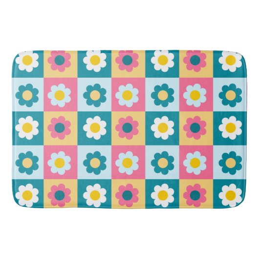 Retro Cute colorful Pastel Flowers Pattern  バスマット (正面)