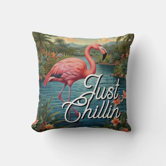 Retro cute pink flamingo tropical paradise   クッション (正面)