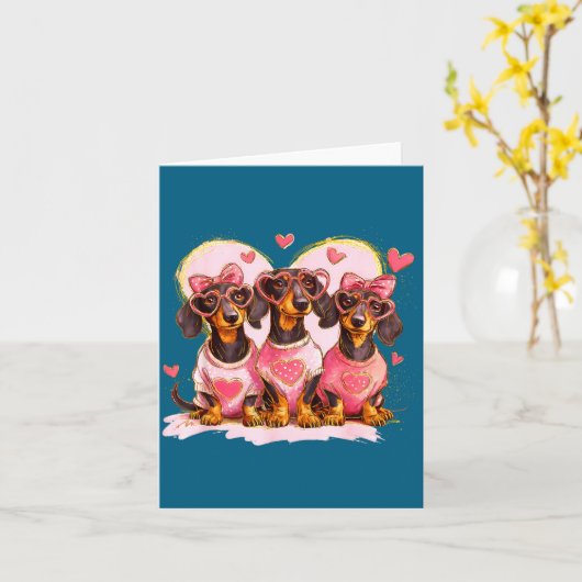 Retro Dachshund With Heart Sungles Valentine's Day カード (黄色い花)