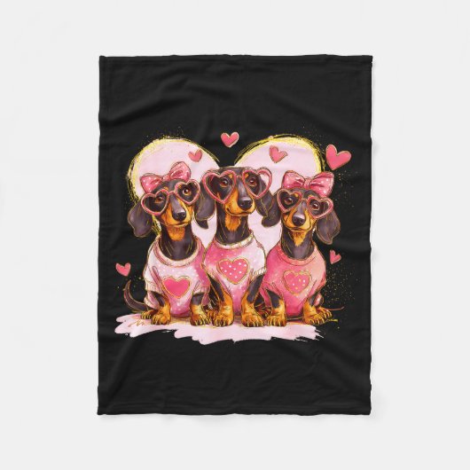 Retro Dachshund With Heart Sungles Valentine's Day フリースブランケット (正面)