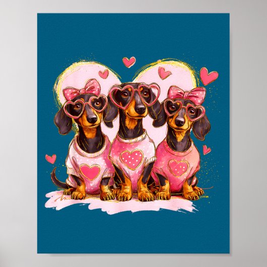 Retro Dachshund With Heart Sungles Valentine's Day ポスター (正面)