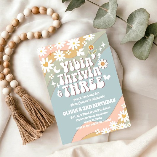 Retro Daisy 3rd Birthday Invitation 招待状