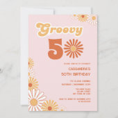 Retro Daisy Boho Orange Pink 50th Birthday 招待状 (正面)