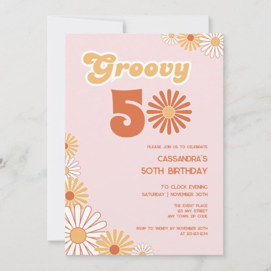 Retro Daisy Boho Orange Pink 50th Birthday 招待状 (正面)