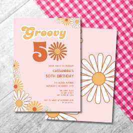 Retro Daisy Boho Orange Pink 50th Birthday 招待状