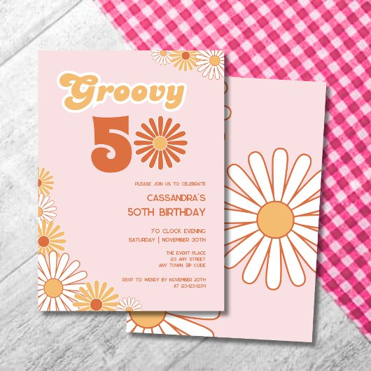Retro Daisy Boho Orange Pink 50th Birthday 招待状