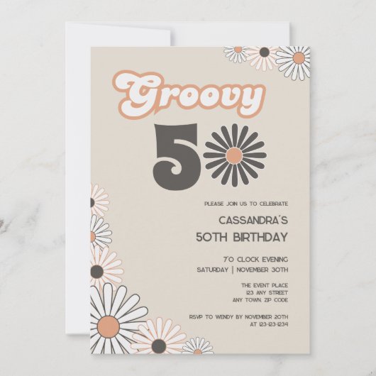 Retro Daisy Boho Terracotta Natural 50th Birthday 招待状 (正面)