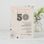 Retro Daisy Boho Terracotta Natural 50th Birthday 招待状 (スタンド正面)