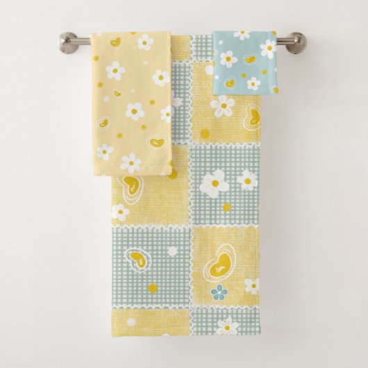 Retro Daisy Floral Pattern Yellow and Blue バスタオルセット (インサイチュ)