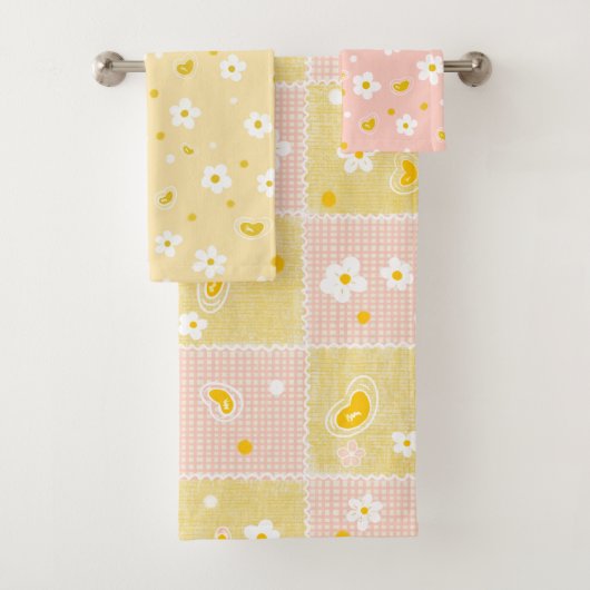 Retro Daisy Floral Pattern Yellow and Pink バスタオルセット (インサイチュ)