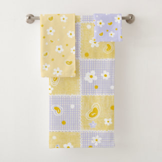 Retro Daisy Floral Pattern Yellow and Purple  バスタオルセット