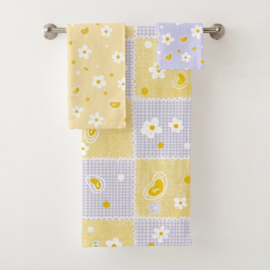 Retro Daisy Floral Pattern Yellow and Purple バスタオルセット (インサイチュ)