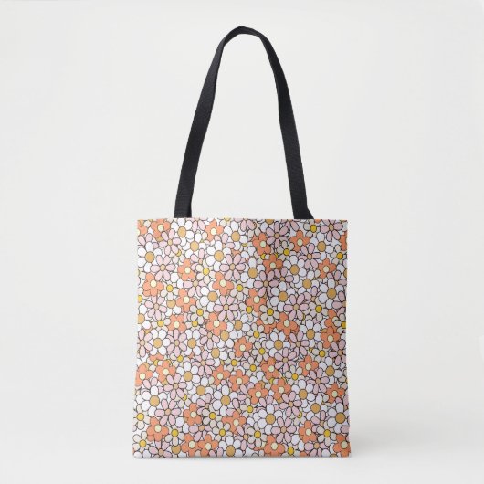Retro Daisy Flower Pattern Tote Bag-Pink & Orange トートバッグ (正面)