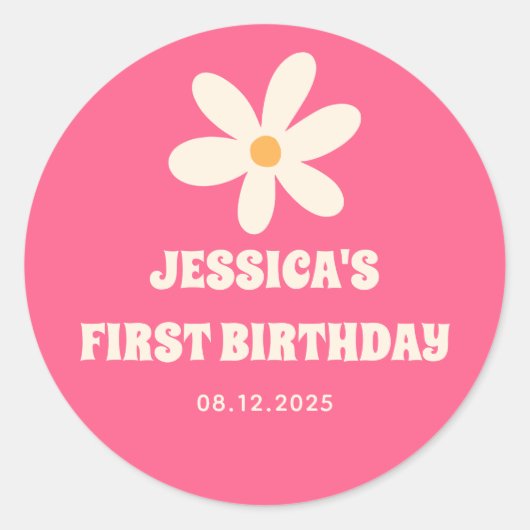 Retro Daisy Hot Pink Kids' 1st Birthday Party  ラウンドシール (正面)
