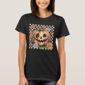 Retro Daisy Jack O Lantern Pumpkin Halloween Check Tシャツ (正面)