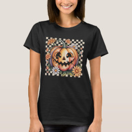 Retro Daisy Jack O Lantern Pumpkin Halloween Check Tシャツ