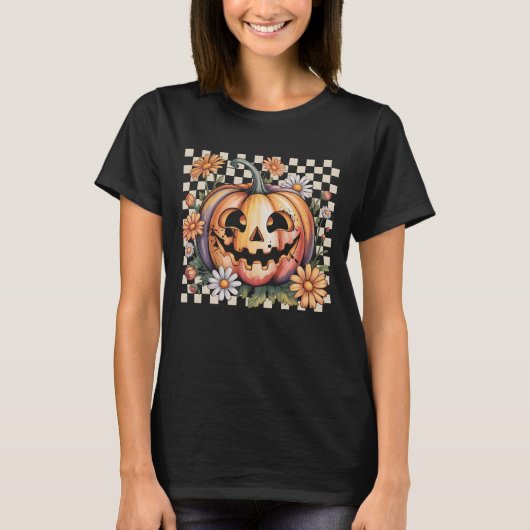 Retro Daisy Jack O Lantern Pumpkin Halloween Check Tシャツ (正面)
