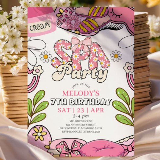 Retro Daisy Spa Party Birthday Invitation 招待状