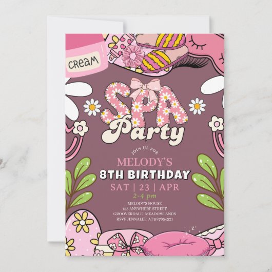 Retro Daisy Spa Party Birthday Invitation Maroon 招待状 (正面)