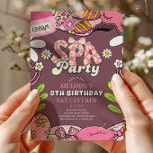 Retro Daisy Spa Party Birthday Invitation Maroon 招待状