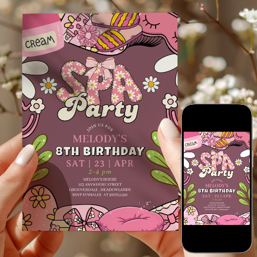 Retro Daisy Spa Party Birthday Invitation Maroon 招待状