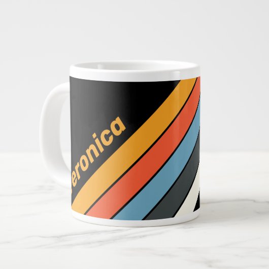 Retro Dark Rainbow Striped with Name ジャンボコーヒーマグカップ (正面左)