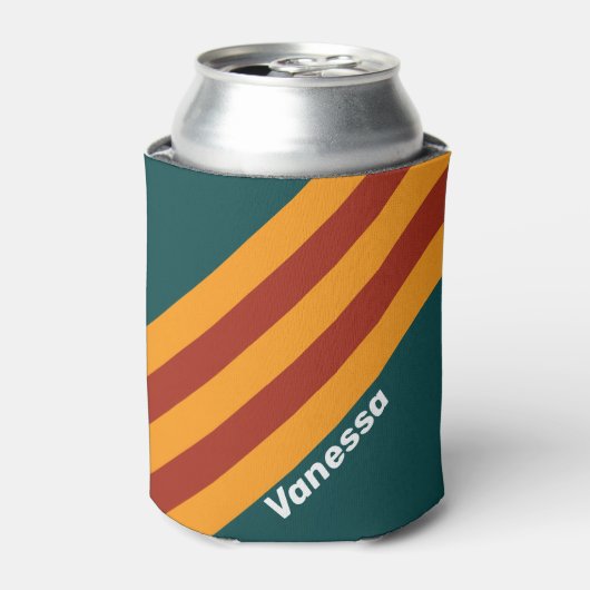 Retro Dark Teal Splash Stripes with Name 缶クーラー (缶正面)