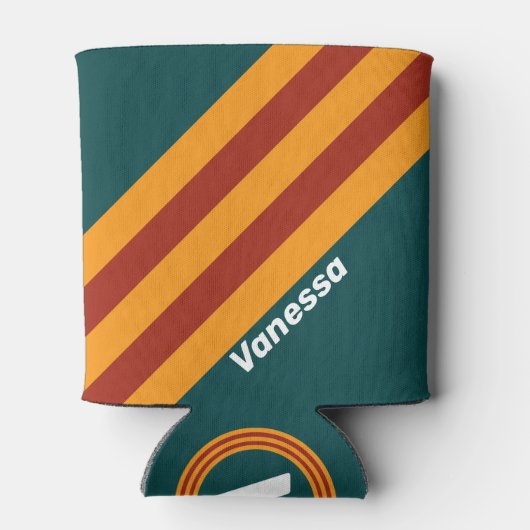 Retro Dark Teal Splash Stripes with Name 缶クーラー (裏面)