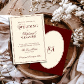 Retro Deep Burgundy Ivory Oval Old Money Wedding  招待状