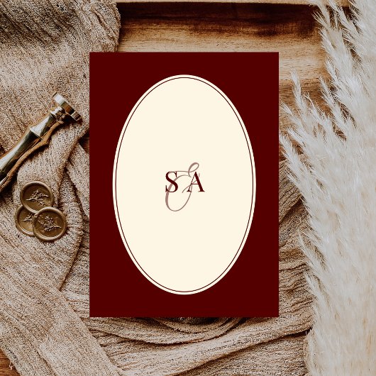Retro Deep Burgundy Ivory Oval Old Money Wedding  招待状