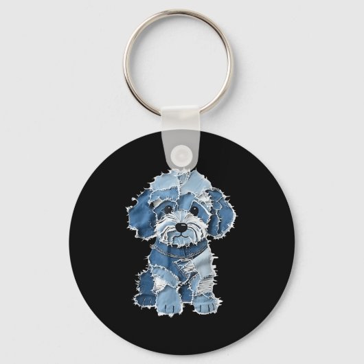 Retro Denim Dog Patch, Funny Shabby Blue Jean Pupp キーホルダー (正面)