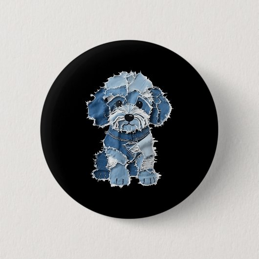 Retro Denim Dog Patch, Funny Shabby Blue Jean Pupp 缶バッジ (正面)