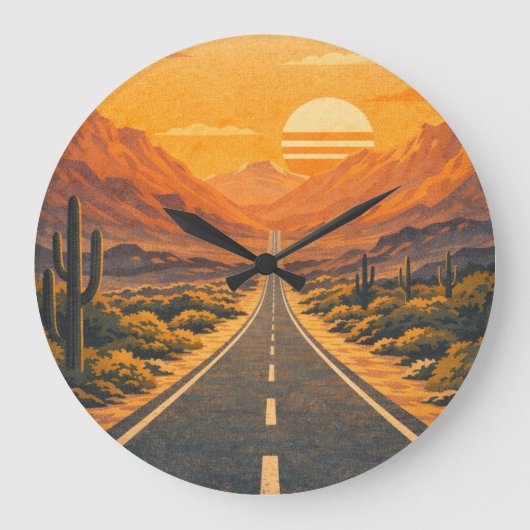 Retro Desert Highway Sunset Landscape Clock ラージ壁時計 (正面)