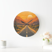 Retro Desert Highway Sunset Landscape Clock ラージ壁時計 (ホーム)