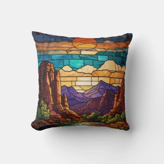 Retro desert scene Sedona mountains stainglass art クッション (正面)