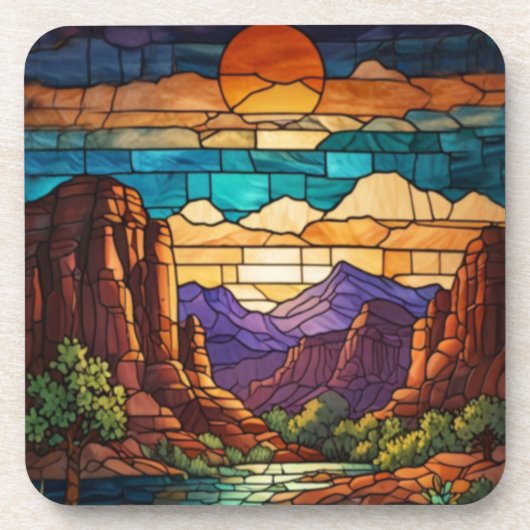 Retro desert scene Sedona mountains stainglass art コースター (正面)