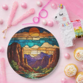 Retro desert scene Sedona mountains stainglass art ペーパープレート (パーティー)