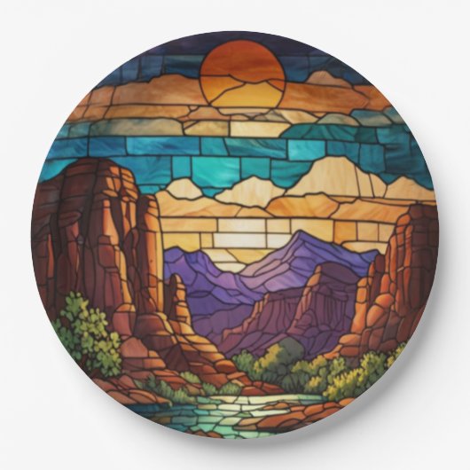 Retro desert scene Sedona mountains stainglass art ペーパープレート (正面)