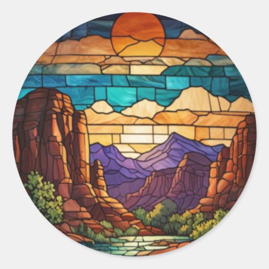 Retro desert scene Sedona mountains stainglass art ラウンドシール (正面)