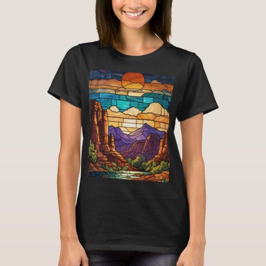 Retro desert scene Sedona mountains stainglass art Tシャツ (正面)