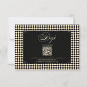 Retro Diamond Pattern Black Gold Wedding QR 出欠カード (正面)