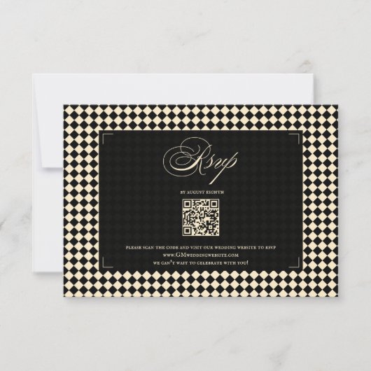 Retro Diamond Pattern Black Gold Wedding QR 出欠カード (正面)