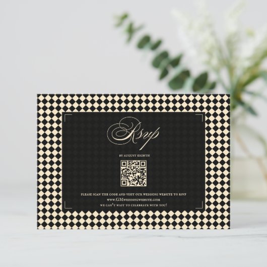 Retro Diamond Pattern Black Gold Wedding QR 出欠カード (スタンド正面)
