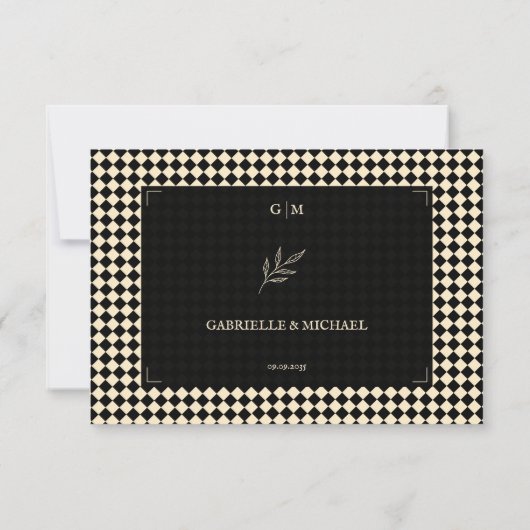 Retro Diamond Pattern Black Gold Wedding QR 出欠カード (裏面)