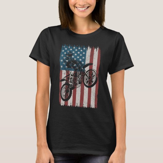 Retro Dirt Bike American Flag Motocross Biker 4th  Tシャツ (正面)