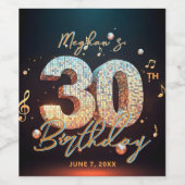 Retro Disco Ball Musical Notes 30th Birthday ワインラベル (シングルラベル)