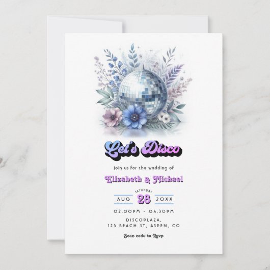 Retro Disco Garden Wedding RSVP QR Code 招待状 (正面)